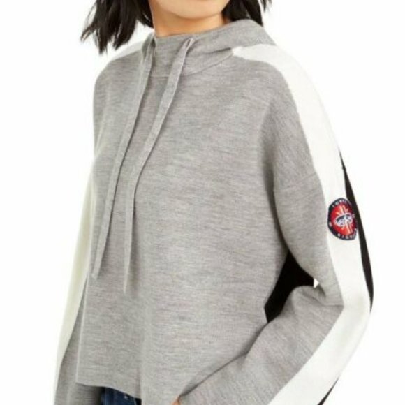 Tommy Hilfiger Women's Gray Black Stripes Textured Logo Hoodie Sweatshirt Size L - Picture 1 of 11
